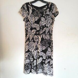 AGB Cut Out Shoulder Short Sleeve Lace Floral Leaf Print Black White Shift Dress